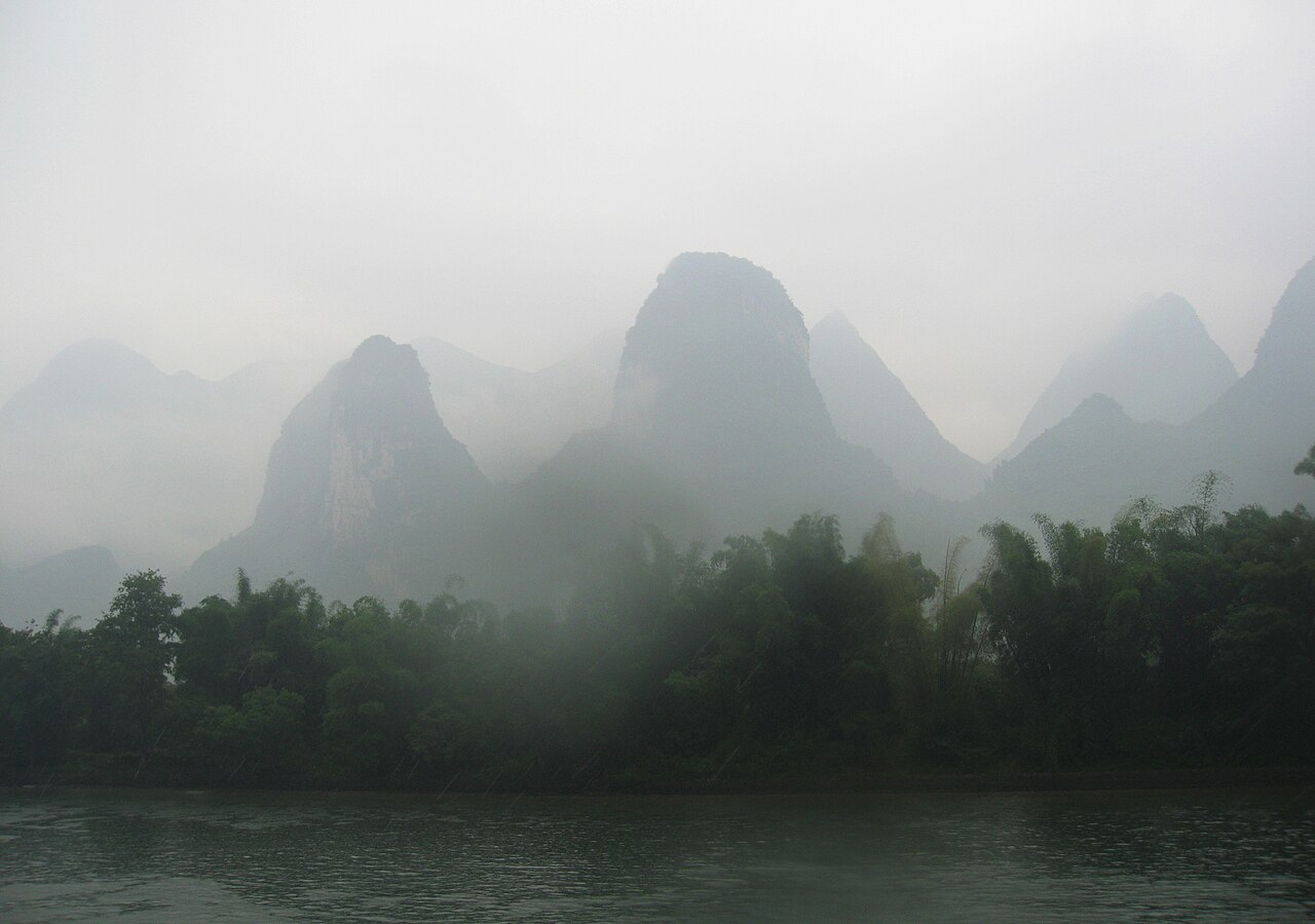 Misty karst hills along the Li River near Guilin